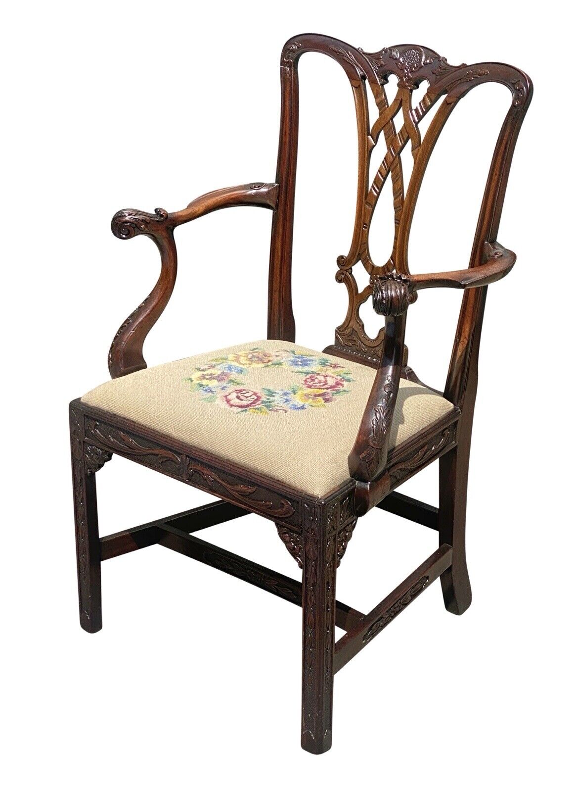 19th C Antique Chippendale Style Carved Mahogany Desk Chair W/ Needlepoint Seat