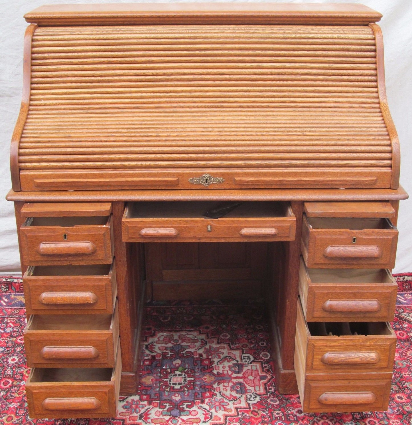 EXCELLENT VICTORIAN SOLID TIGER RAISED PANELED OAK S ROLL TOP DESK-TOP QUALITY!