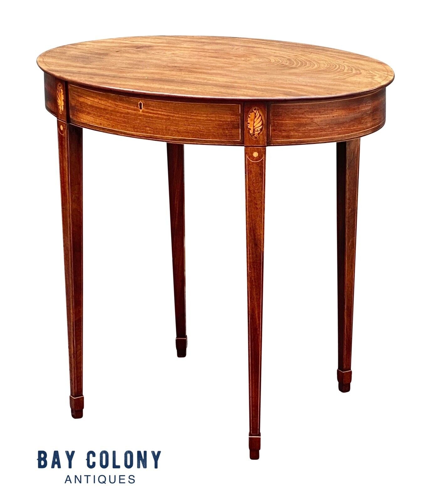 19th C Antique Federal Period Oval Mahogany Work Table - Conch Shell Inlay