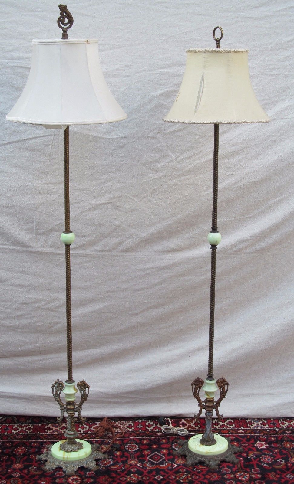 PAIR OF ART NOUVEAU GREEN SLAG GLASS ANTIQUE BRIDGE LAMPS