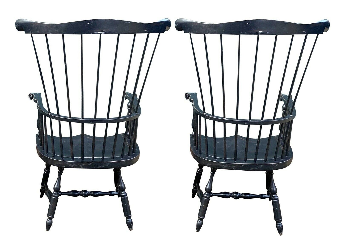 20th C Antique Style Pair of Windsor Comb Back Black Painted Arm Chairs