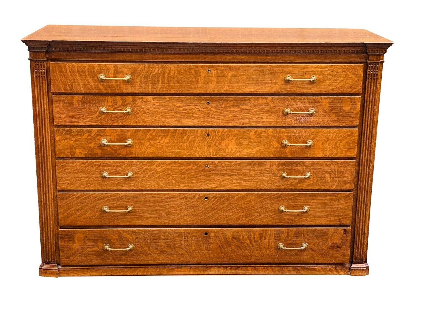 19TH C ANTIQUE LARGE VICTORIAN TIGER OAK 6 DRAWER LATERAL FILE CABINET ~ 5+ FEET