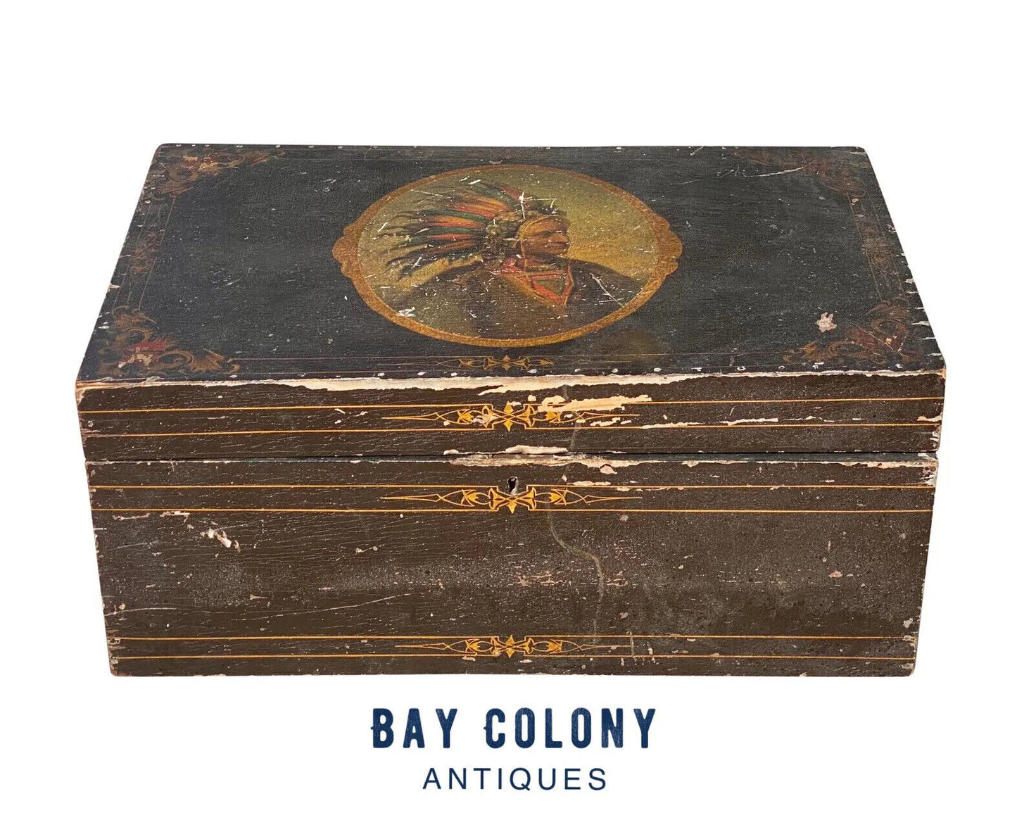 19th C Antique Folk Art Painted Document Box Depicting Native American War Chief