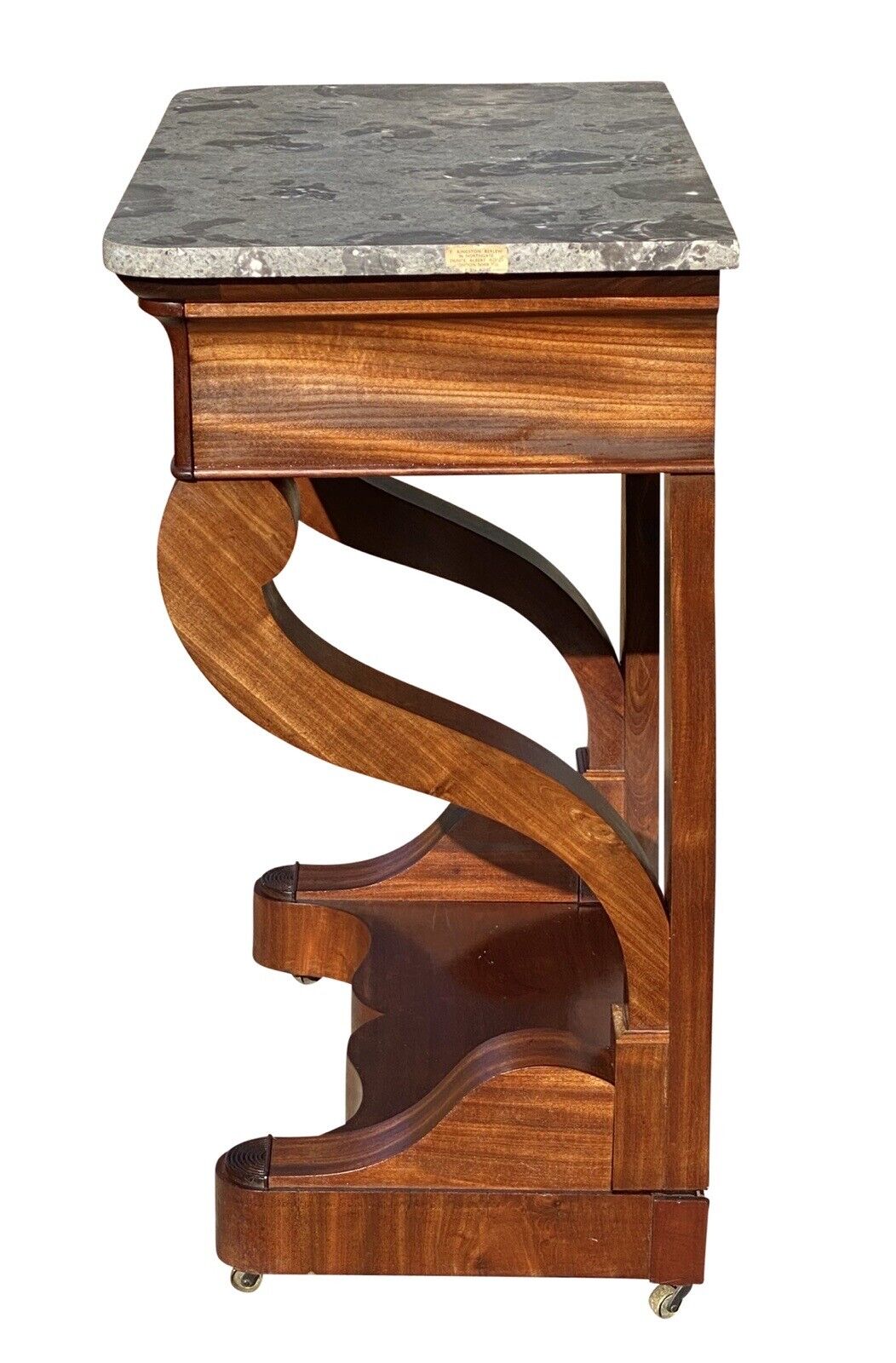 19th C Narrow Antique French Empire Mahogany Console Table With Granite Top