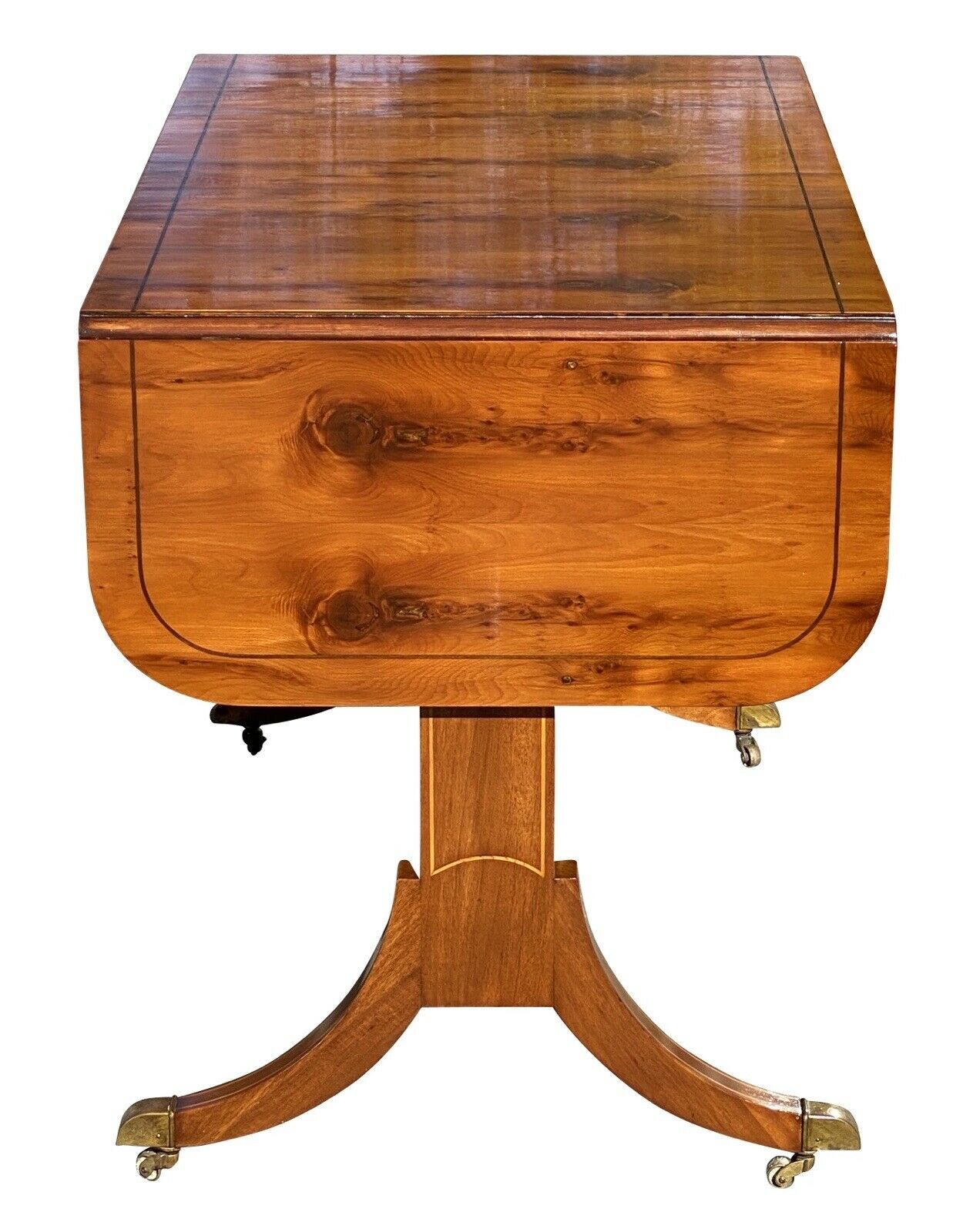 20TH C REGENCY ANTIQUE STYLE ELM & SATINWOOD DROP LEAF SOFA TABLE / DESK