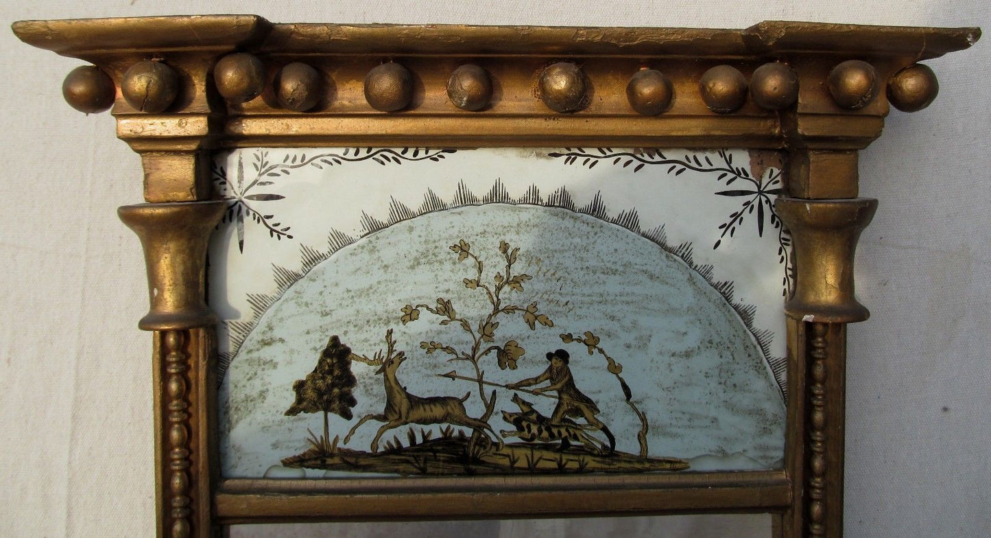 RARE 19TH CENT FEDERAL EGLOMISE PIER MIRROR W/HUNTING SCENE-SUPERIOR SPECIMEN