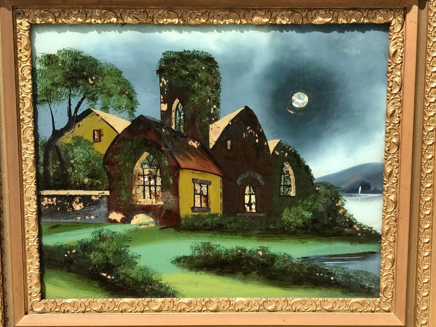 19TH C. NEW ENGLAND COTTAGE LANDSCAPE W/ MOTHER OF PEARL ILLUMINATED MOON