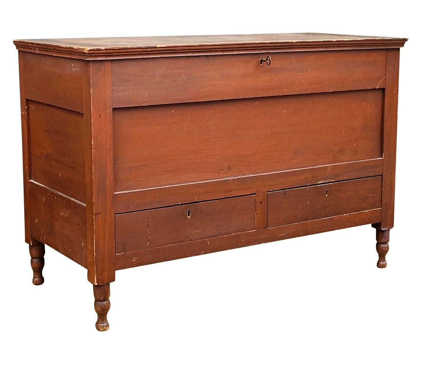 19th C Antique Federal Period Red Wash Blanket Box With 2 Drawers