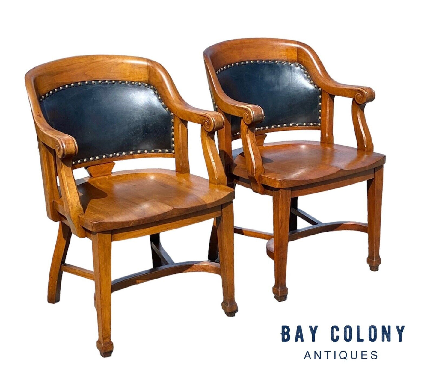 Antique Pair Of Walnut Armchairs with Leather Backs - Milwaukee Chair Company