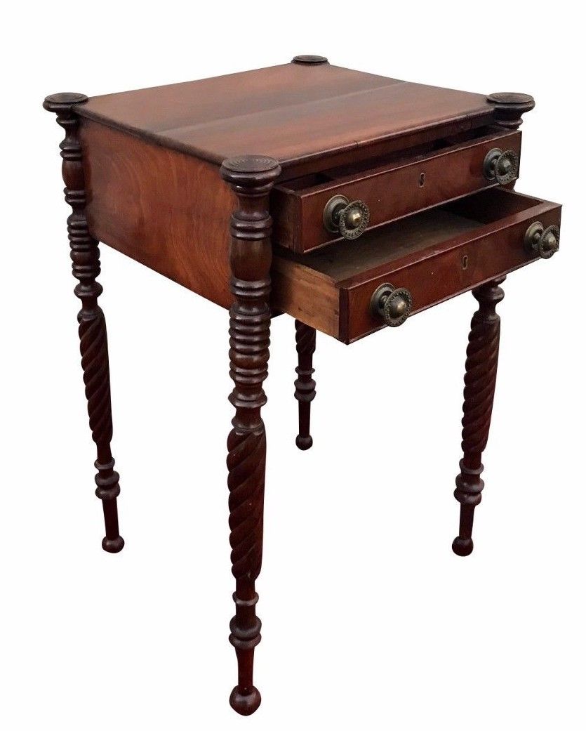 FINE SALEM MASSACHUSETTS SHERATON WORK TABLE WITH TURRET CORNERS & ROPE CARVINGS