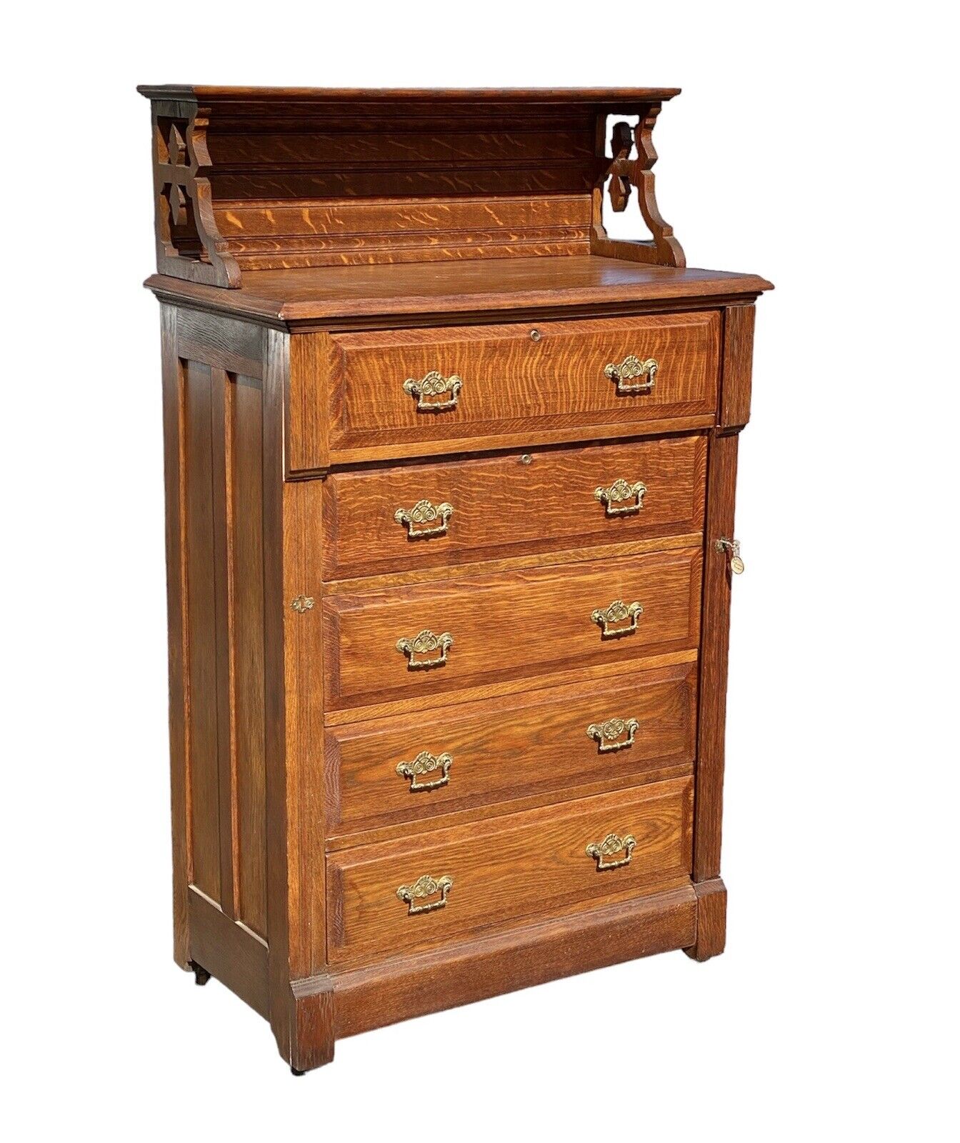 Antique Victorian Tiger Oak Chest Of Drawers / Lock Side Chest