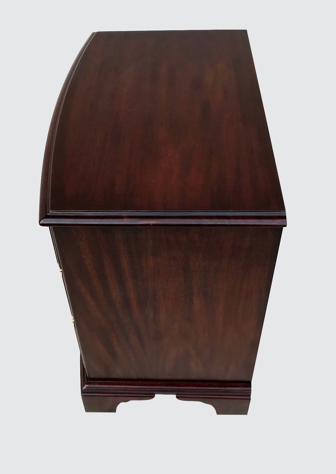CHIPPENDALE STYLED HENKEL & HARRIS BOW FRONT BACHELORS CHEST WITH WRITING SLIDE