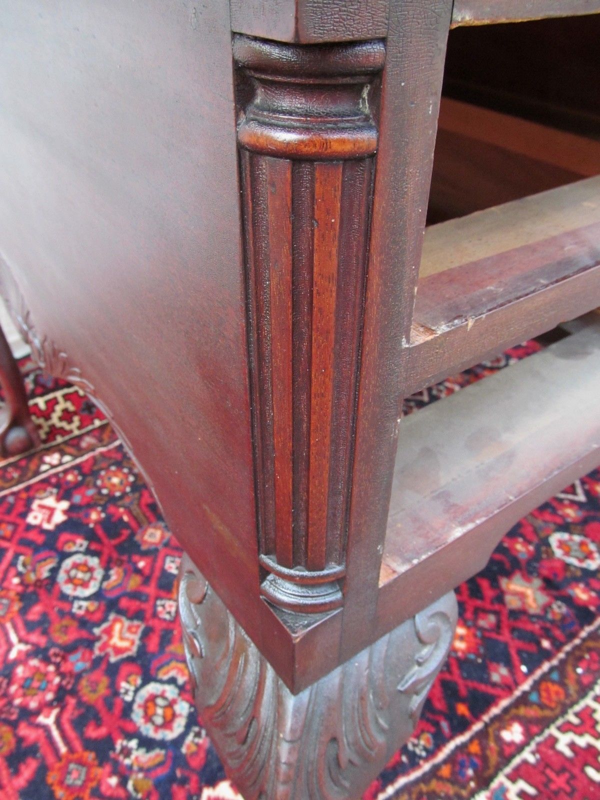 THE FINEST ANTIQUE SOLID MAHOGANY CHIPPENDALE PARTNERS DESK GRADOONED CARVED TOP