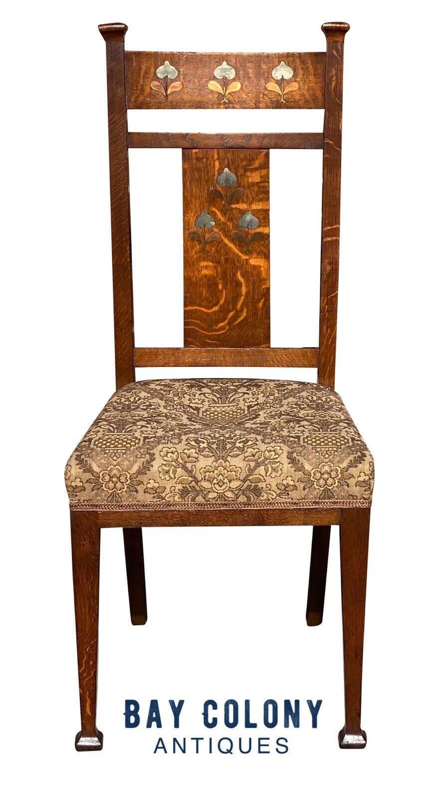 20TH C ANTIQUE ARTS & CRAFTS / ART NOUVEAU TIGER OAK SIDECHAIR W/ METAL INLAY