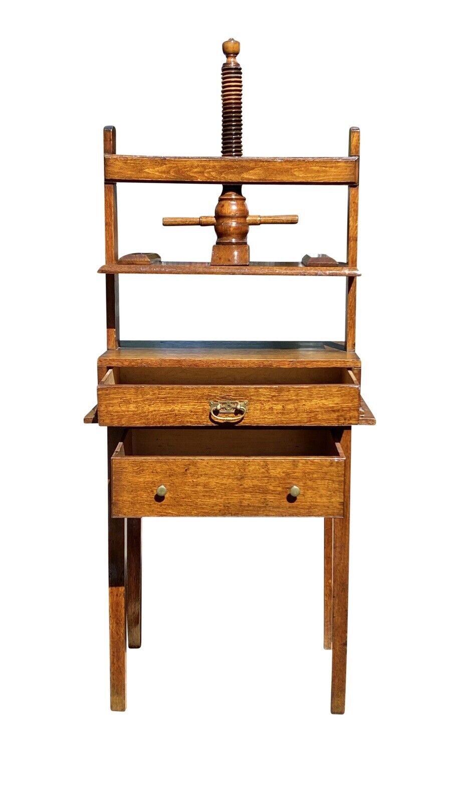 18th C Antique English Tiger Oak Book Press on Stand With 2 Drawers