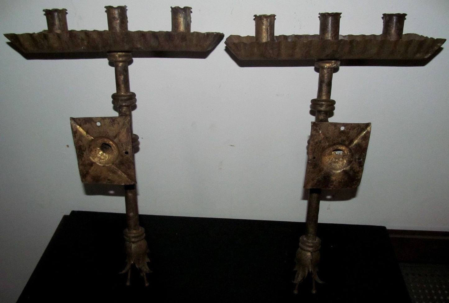 PAIR OF ANTIQUE CONTINENTAL GILT METAL GOTHIC STYLE WALL SCONCES