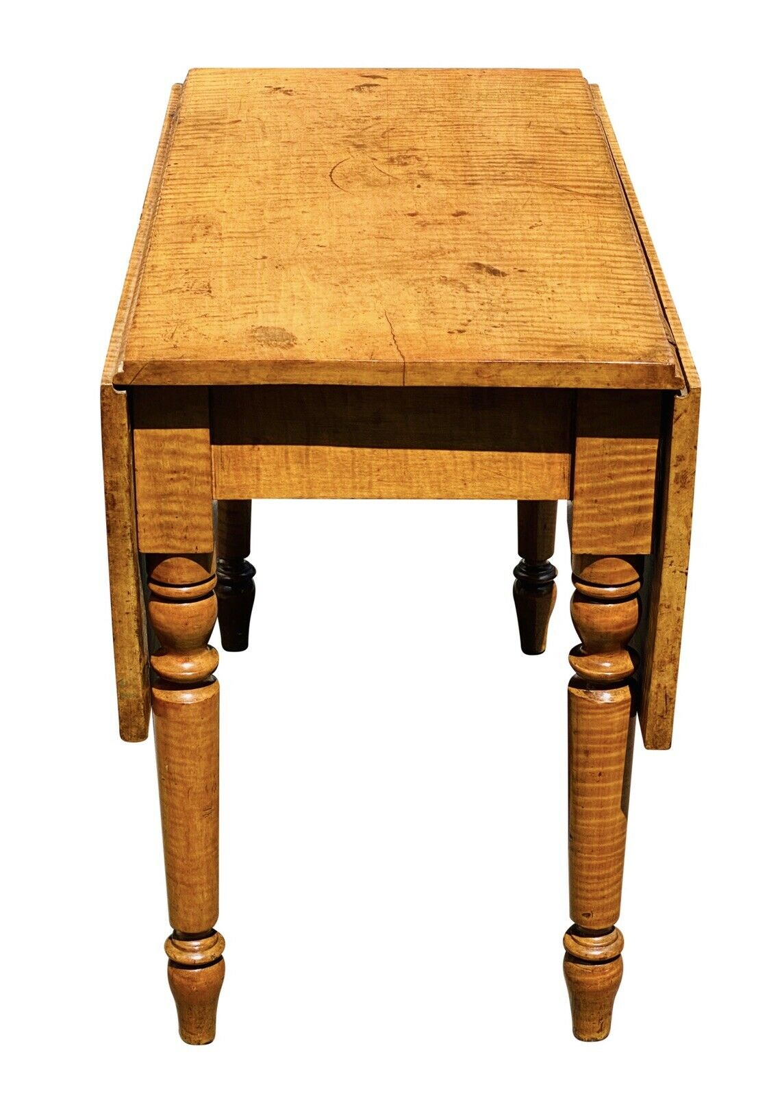 19TH C ANTIQUE COUNTRY PRIMITIVE TIGER MAPLE DROP LEAF DINING TABLE