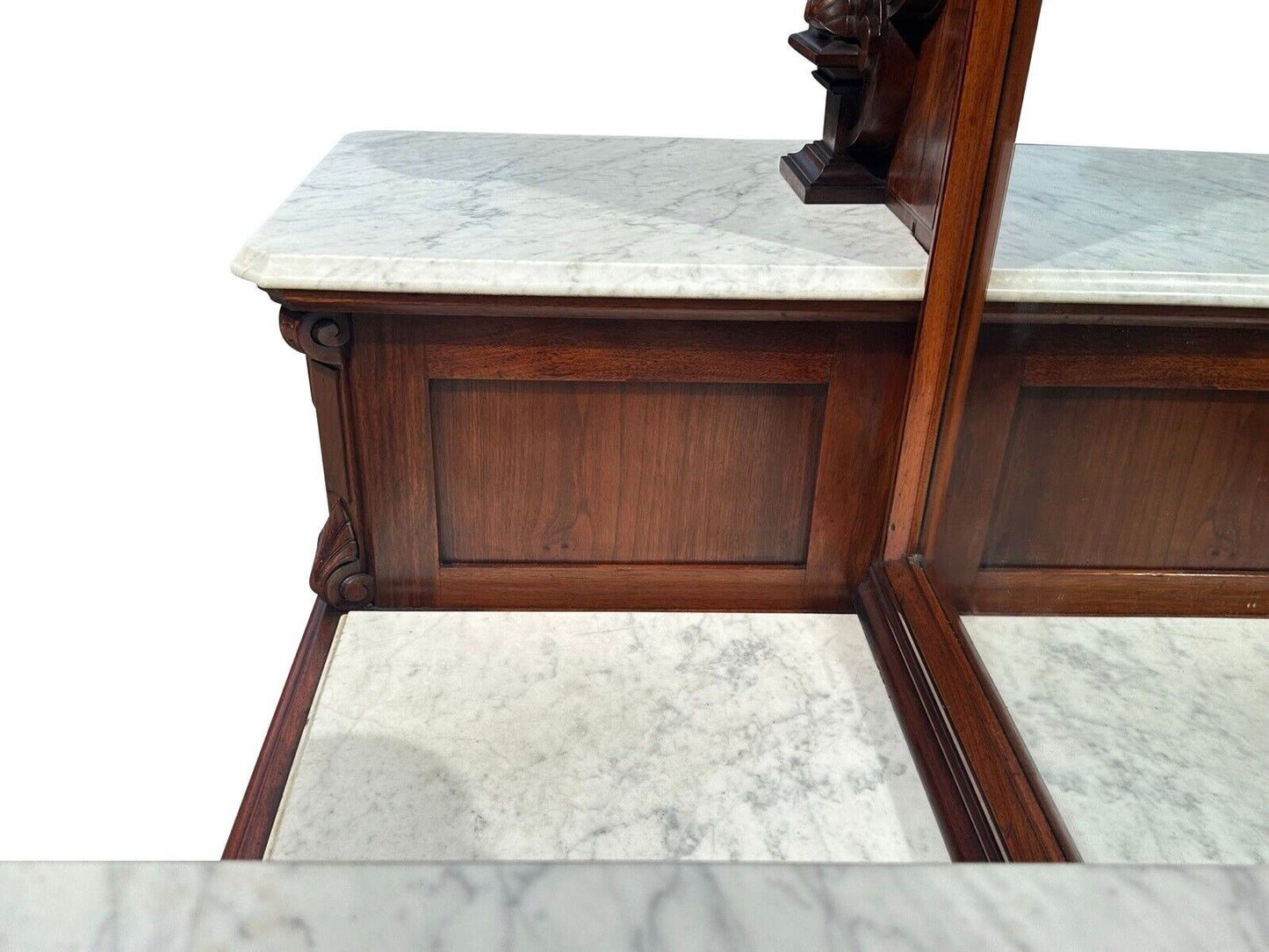 Antique Victorian Burled Walnut Marble Top Dresser With Fine Shell Carved Mirror