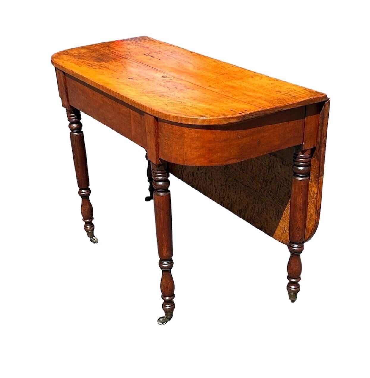 Early 19th Century Antique Federal Tiger Maple & Cherry Dropleaf Bakers Table