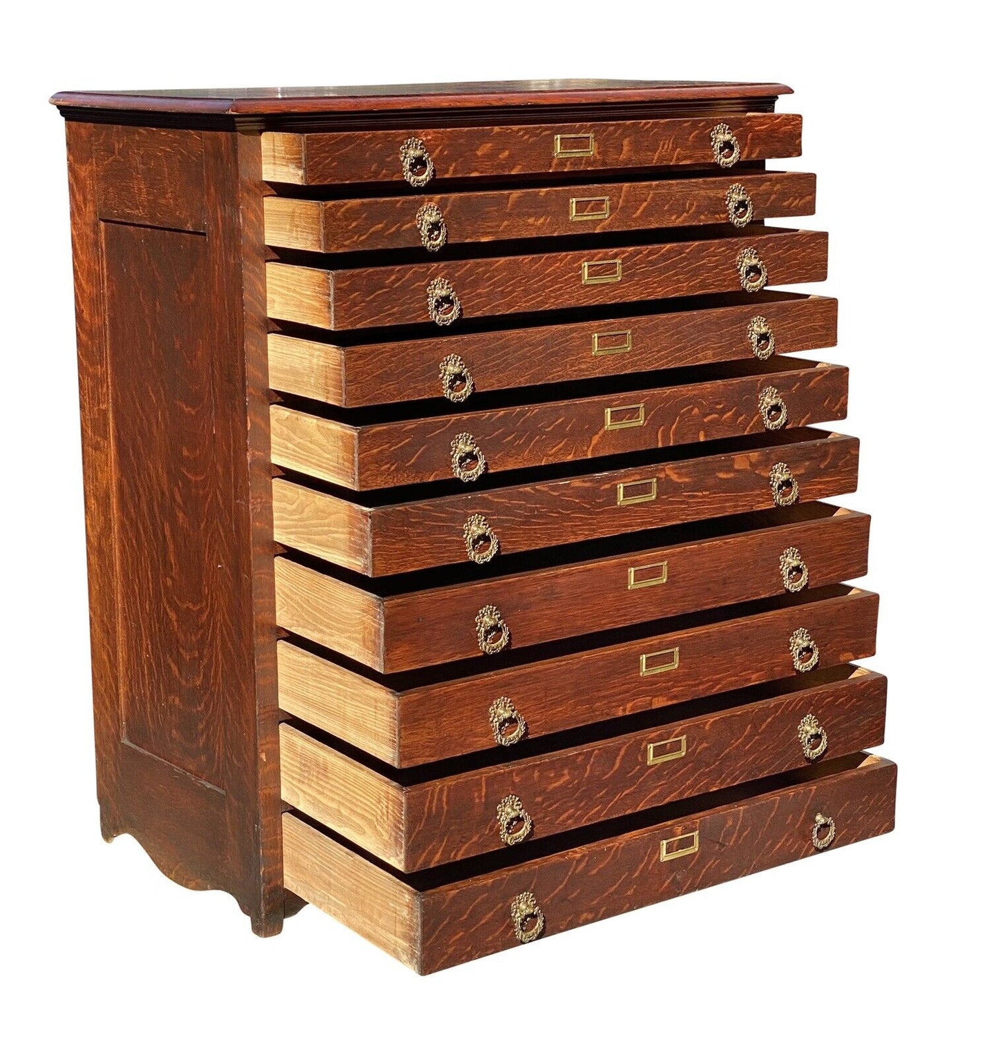 19th C Antique Victorian Tiger Oak 10 Drawer Map File Cabinet / Flat File