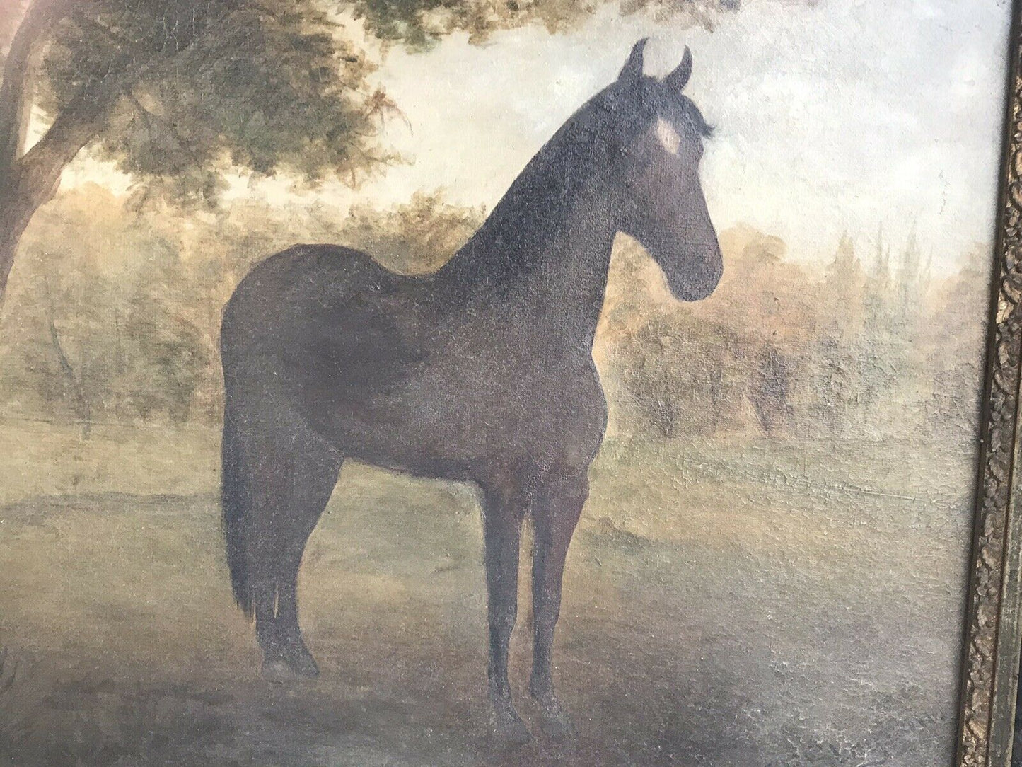 19TH C ANTIQUE FOLK ART HORSE / EQUINE PAINTING M.E SLAYTON 1897