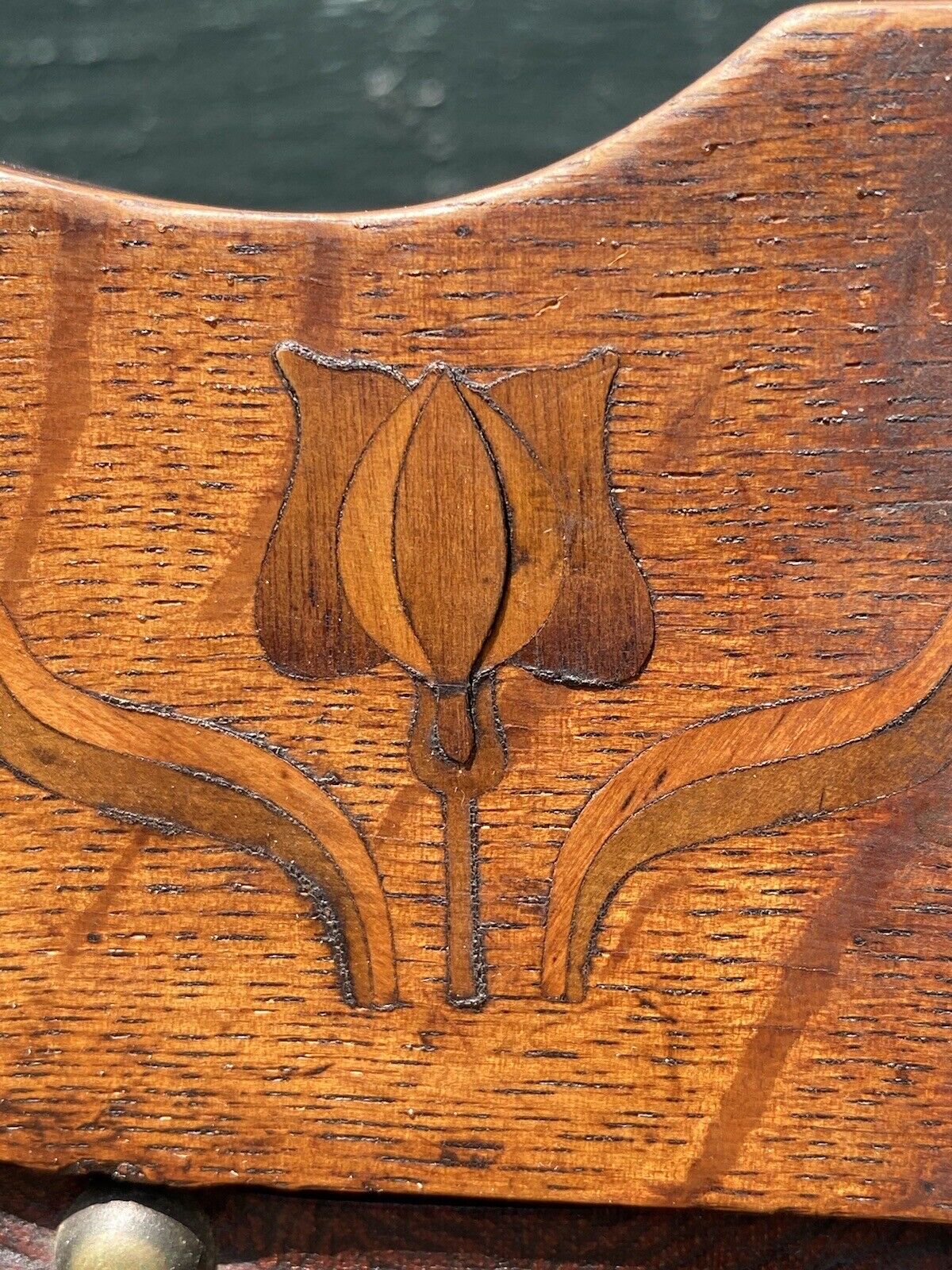Set of Six Arts & Crafts Mission Oak Dining Chairs With Tulip Inlaid Crest Rails