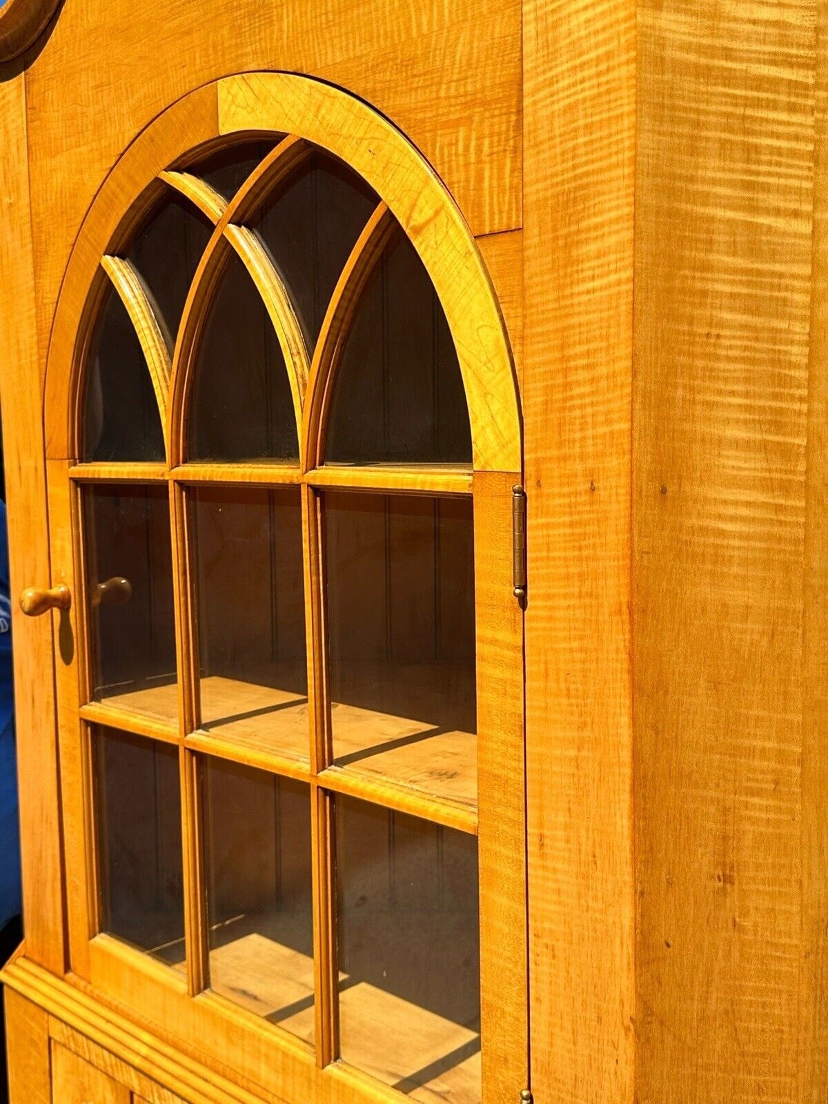 Federal Style Tiger Maple Two Piece Corner Cabinet With Arched Door & Bold Grain