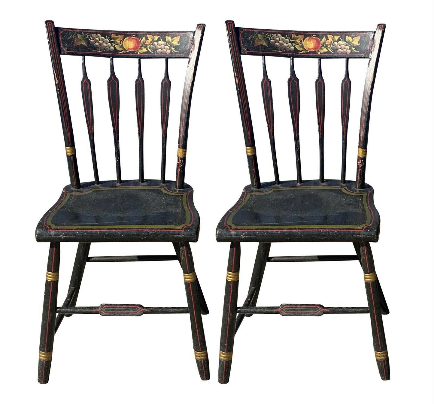 19th C Antique Country Primitive Set of 4 Thumb Back Fancy Paint Windsor Chairs