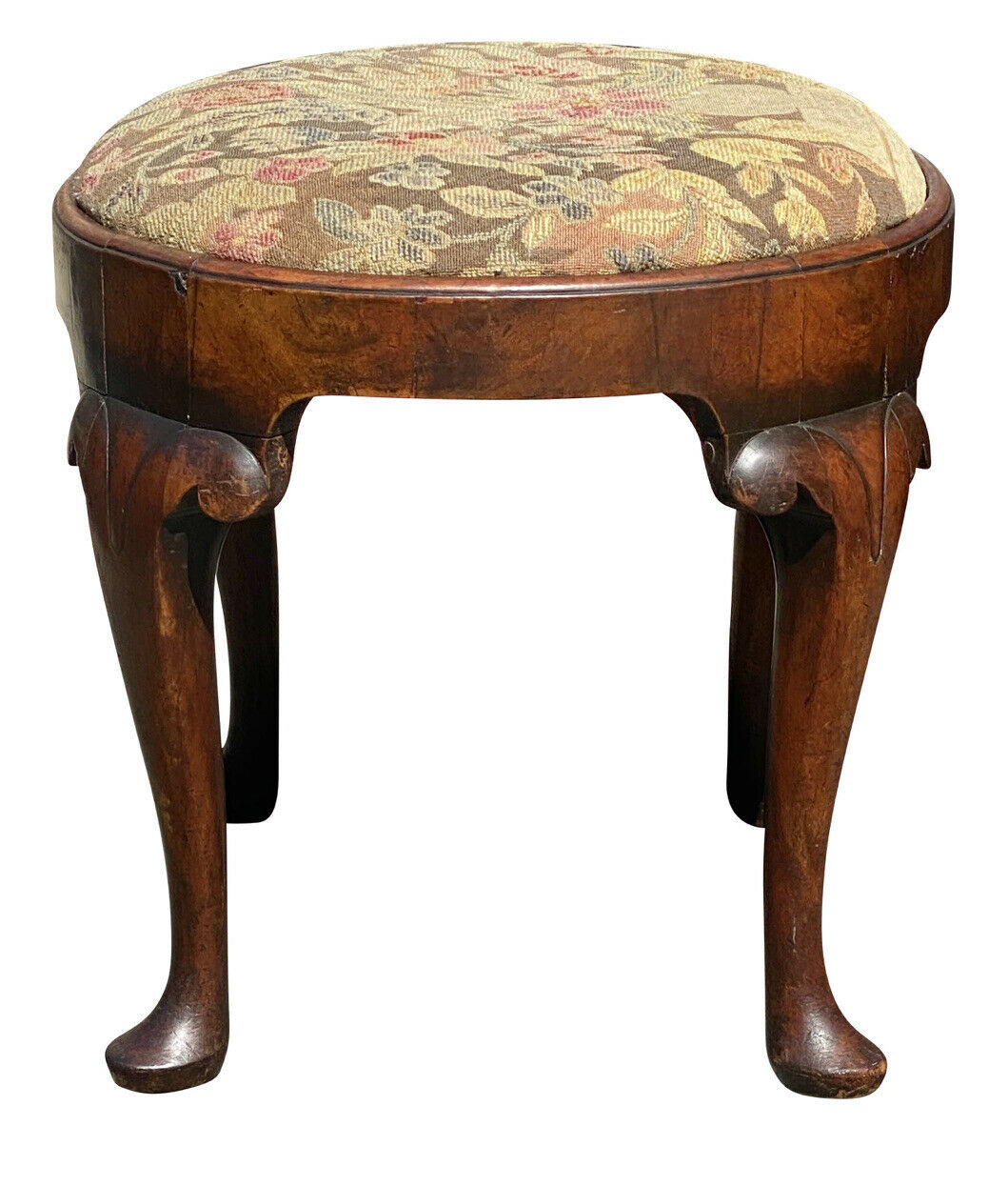 18TH C ANTIQUE QUEEN ANNE WALNUT NEEDLEPOINT FOOTSTOOL