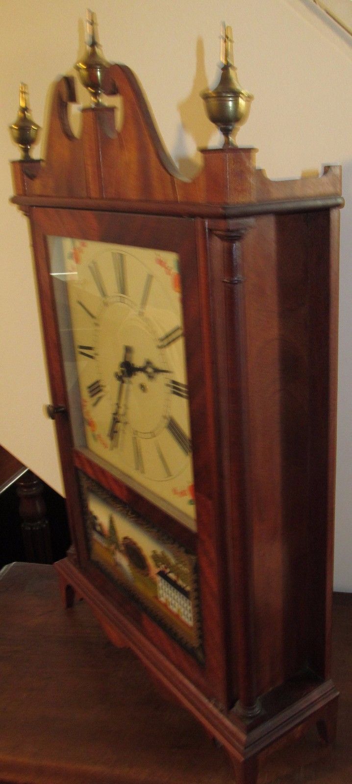 FEDERAL STYLED MAHOGANY REVERSE PAINTED SHELF CLOCK