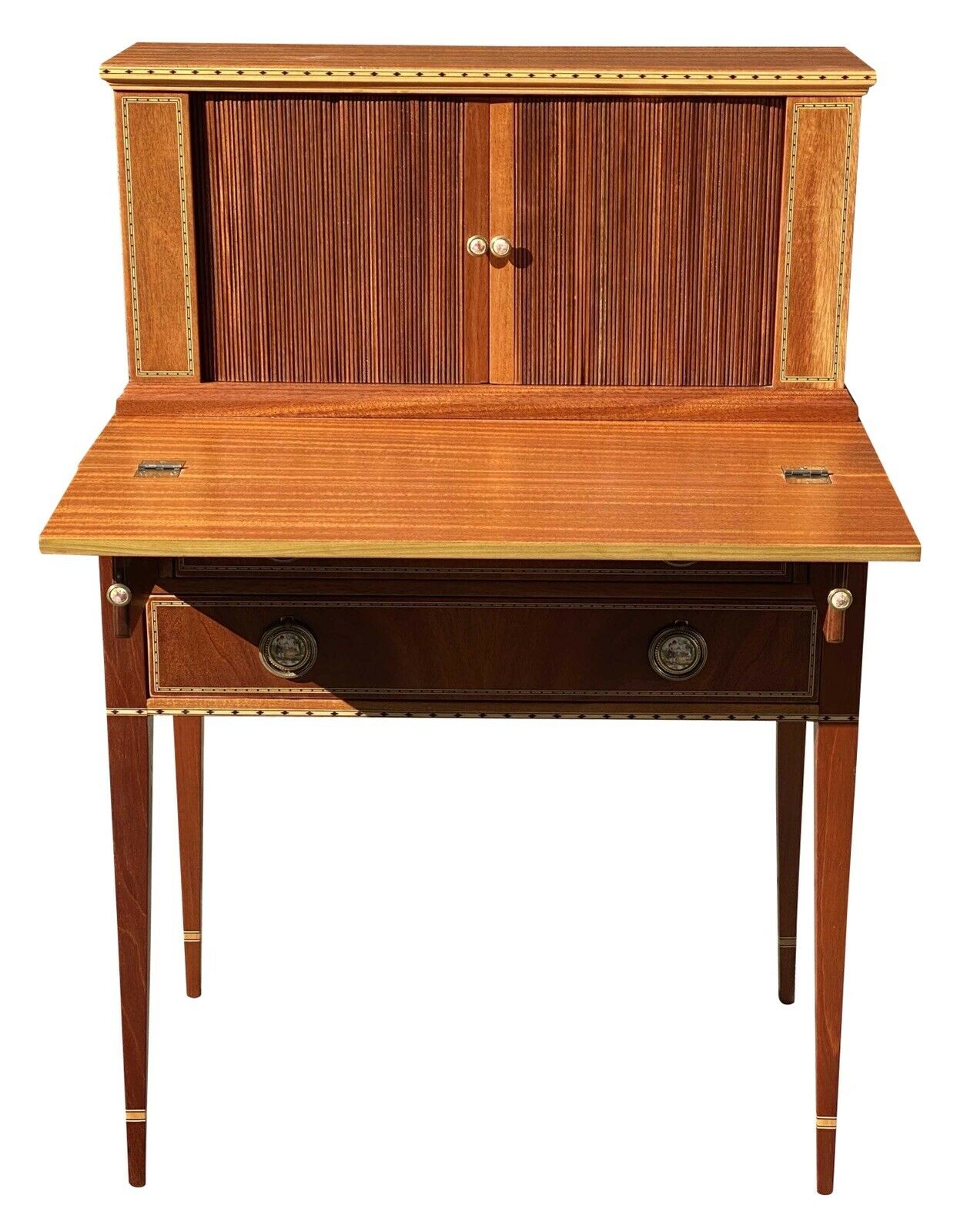 20th C Federal Antique Style Mahogany Tambour Ladies Secretary Desk