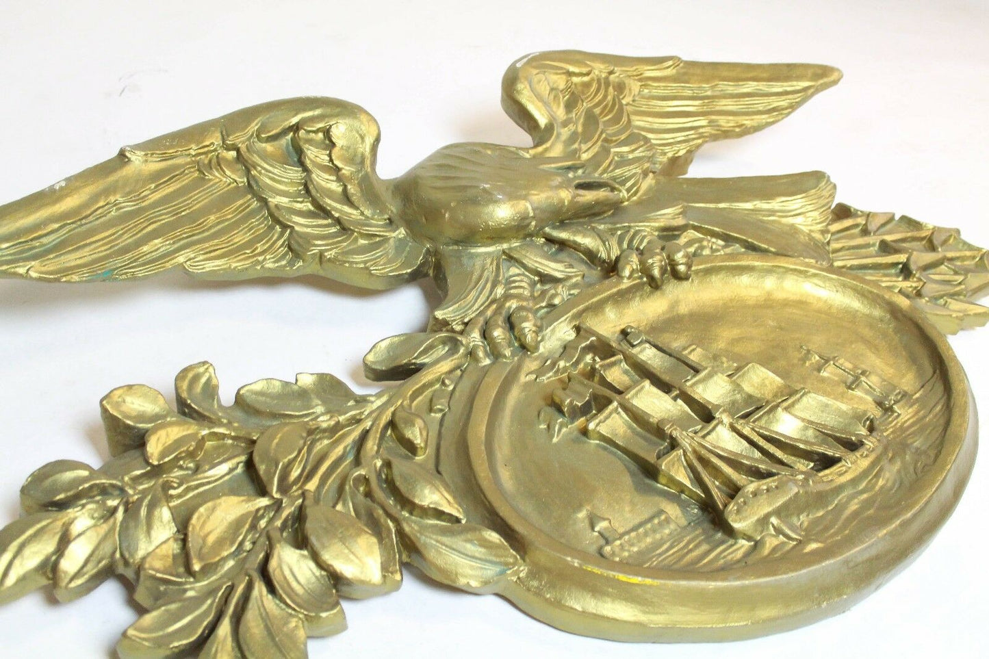 NAUTICAL LARGE PAIR OF GOLD GILT EAGLES OVER CLIPPERSHIP PLAQUES MERCANTILE