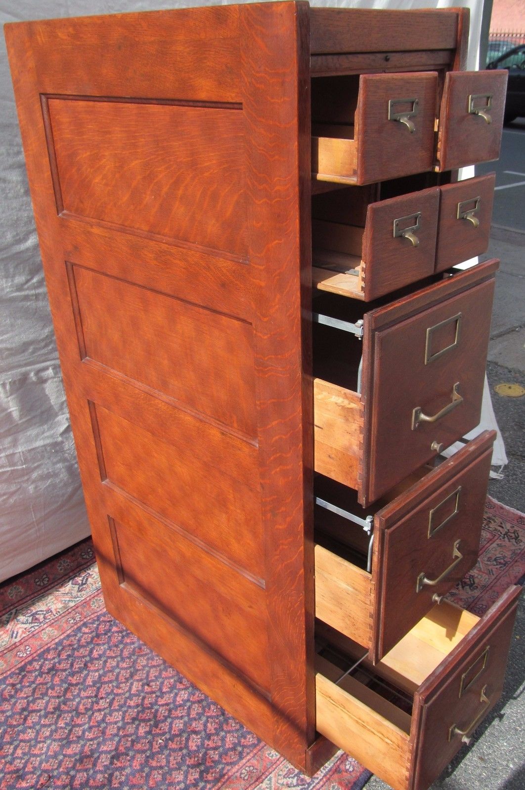 ANTIQUE ARTS & CRAFT OAK RAISED PANEL FILE CABINET WITH 4 OVER 3 DRAWER FORMAT