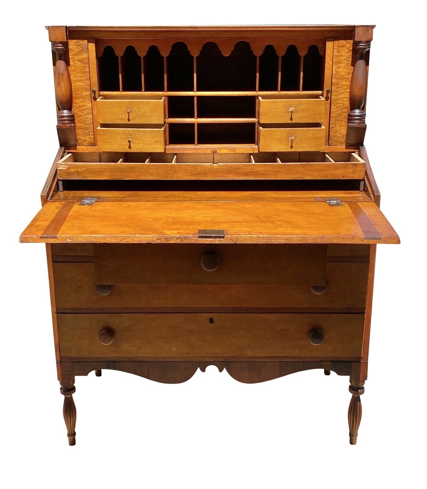 Antique Sheraton Birds Eye Maple & Cherry Vermont Tambour Secretary Desk