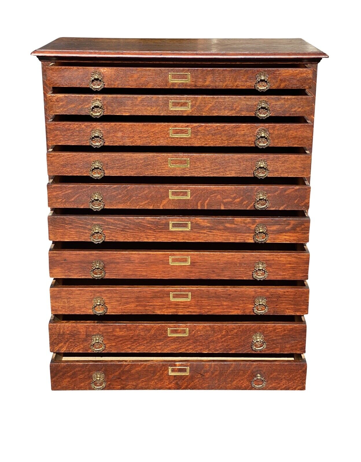 19th C Antique Victorian Tiger Oak 10 Drawer Map File Cabinet / Flat File