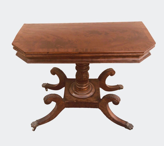 EARLY 19TH CENTURY CLASSICAL CROSS BANDED INLAID PHILADELPHIA CARVED GAME TABLE