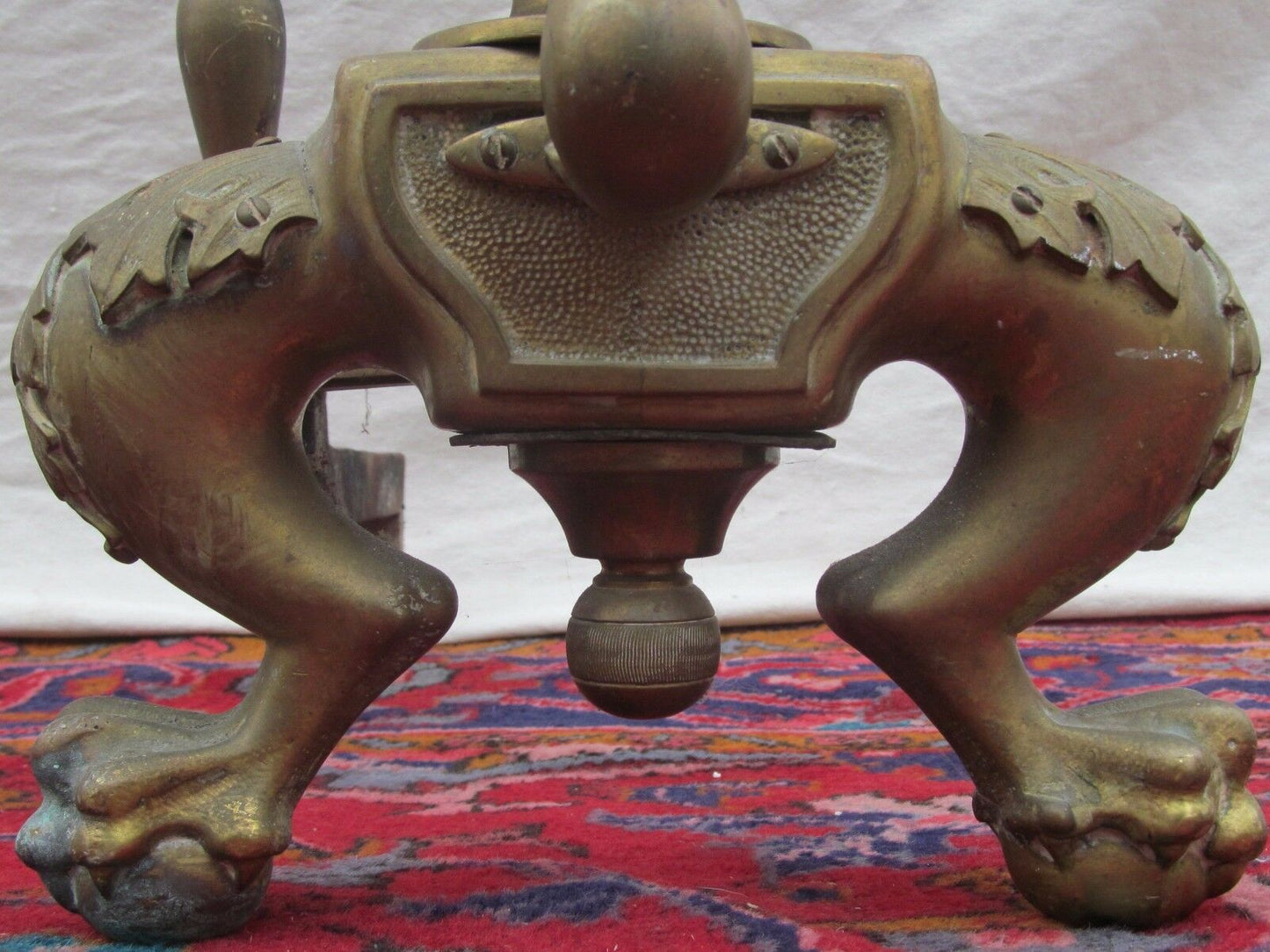MONUMENTAL ANTIQUE CHIPPENDALE BALL & CLAW FIREPLACE ANDIRON SET W/ FENDER BAR