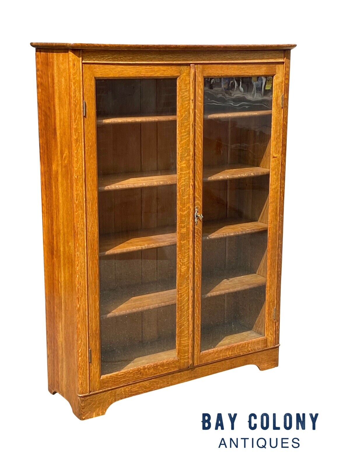 20th C Antique Tiger Oak Larkin Double Glass Door Bookcase / China Cabinet