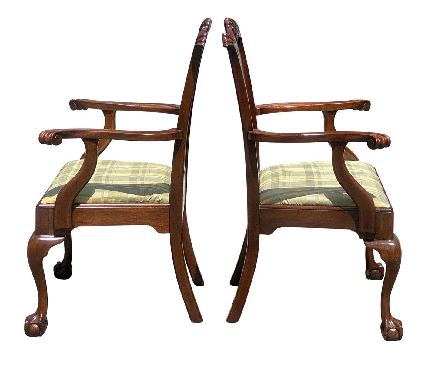 20th C Vintage Pair of Mahogany Henkel Harris Shell Carved Armchairs