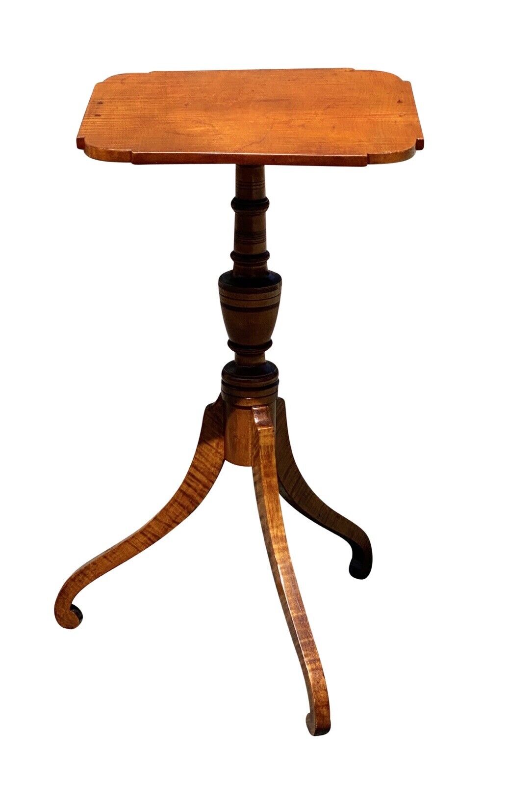 19th C Antique Federal Period Tiger Maple Candlestand / End Table - Curly Maple
