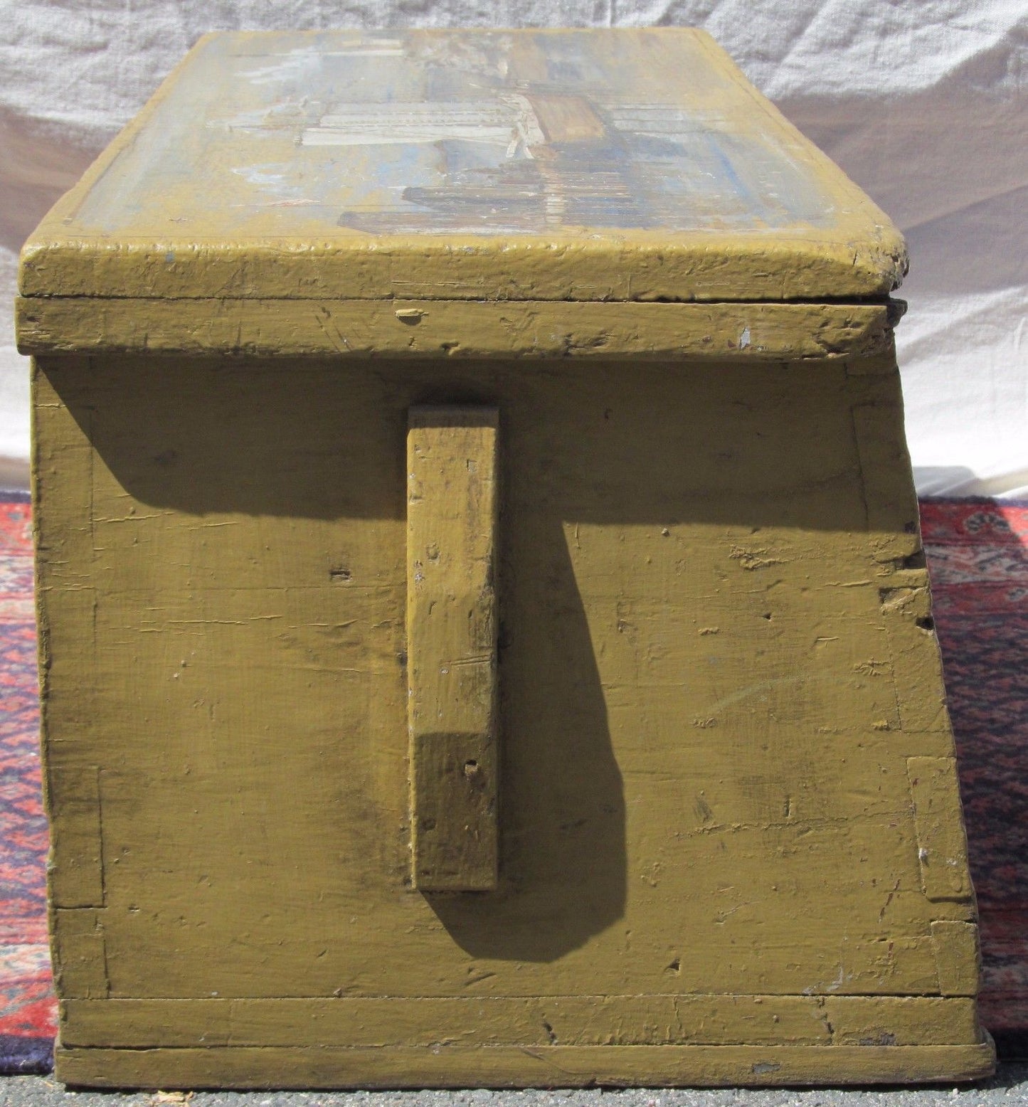 18TH CENTURY CANTED SEA CHEST WITH 1944 ARTIST PAINTED HARBOR & LIGHTHOUSE