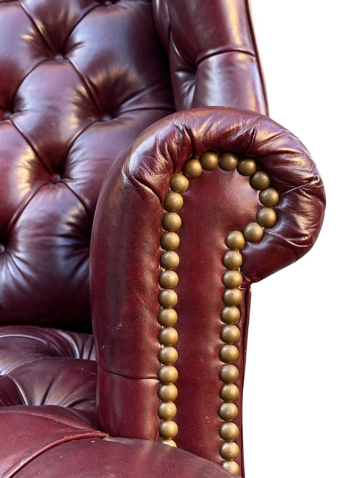 20th C Chippendale Antique Style Pair Of Tufted Red Leather Wing Back Arm Chairs