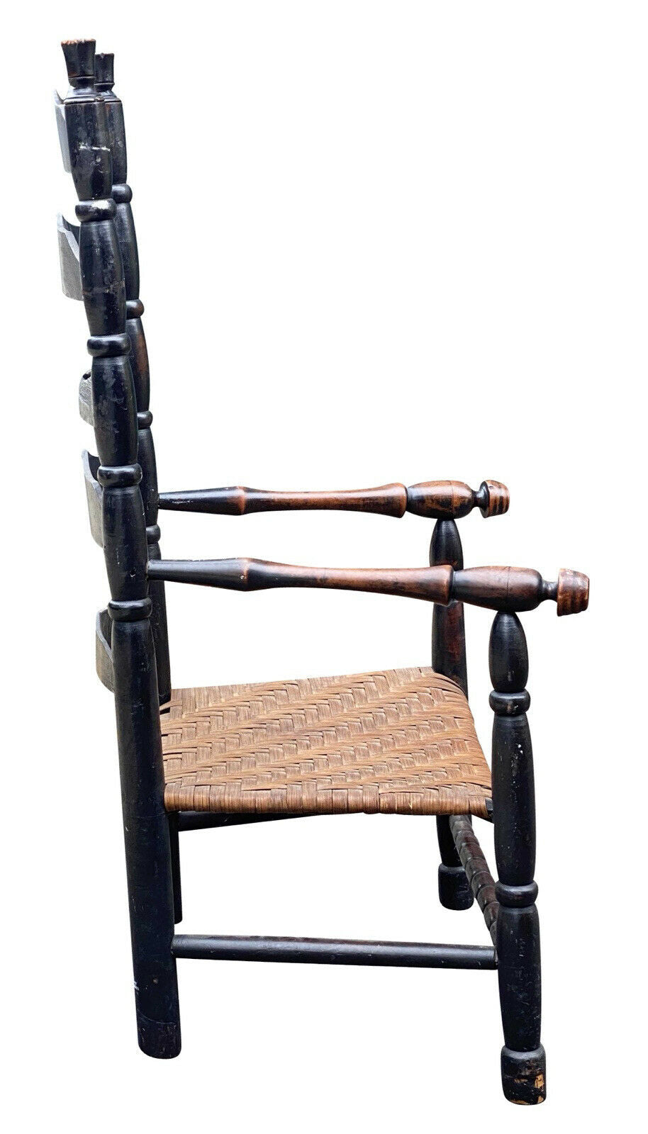 18th C Antique New England Queen Anne Black Painted Ladder Back Armchair