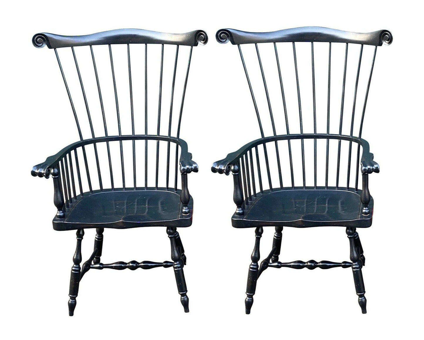 20th C Antique Style Pair of Windsor Comb Back Black Painted Arm Chairs