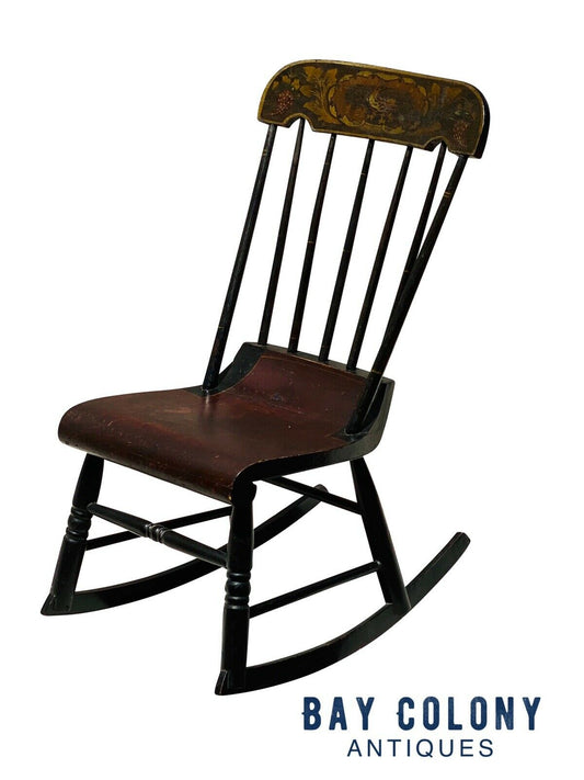 19TH C ANTIQUE AMERICAN SHERATON FOLK ART FANCY PAINT ROCKING CHAIR