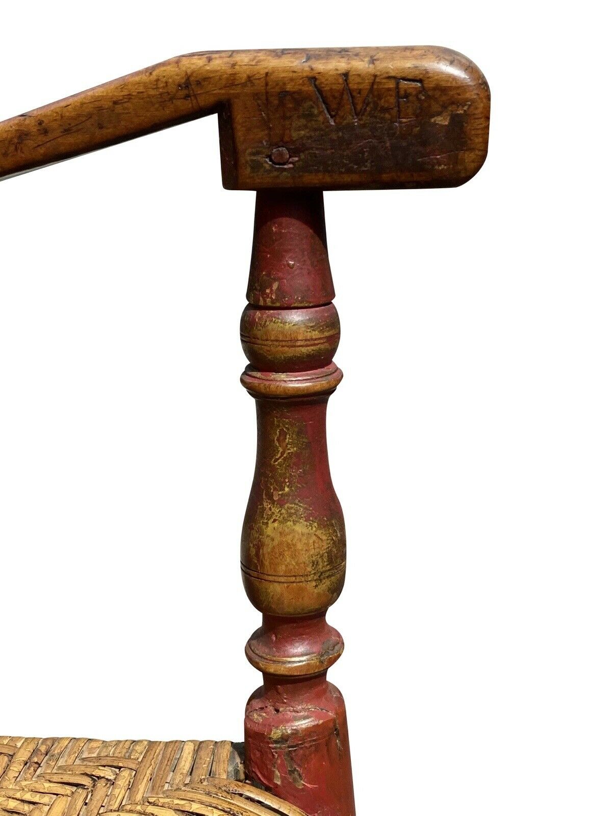 18TH C ANTIQUE QUEEN ANNE NEW ENGLAND LADDER BACK ARM CHAIR W/ SPLINT SEAT