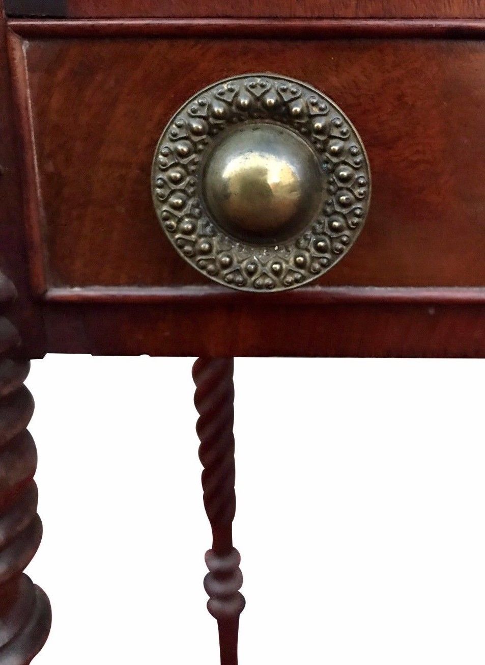 FINE SALEM MASSACHUSETTS SHERATON WORK TABLE WITH TURRET CORNERS & ROPE CARVINGS