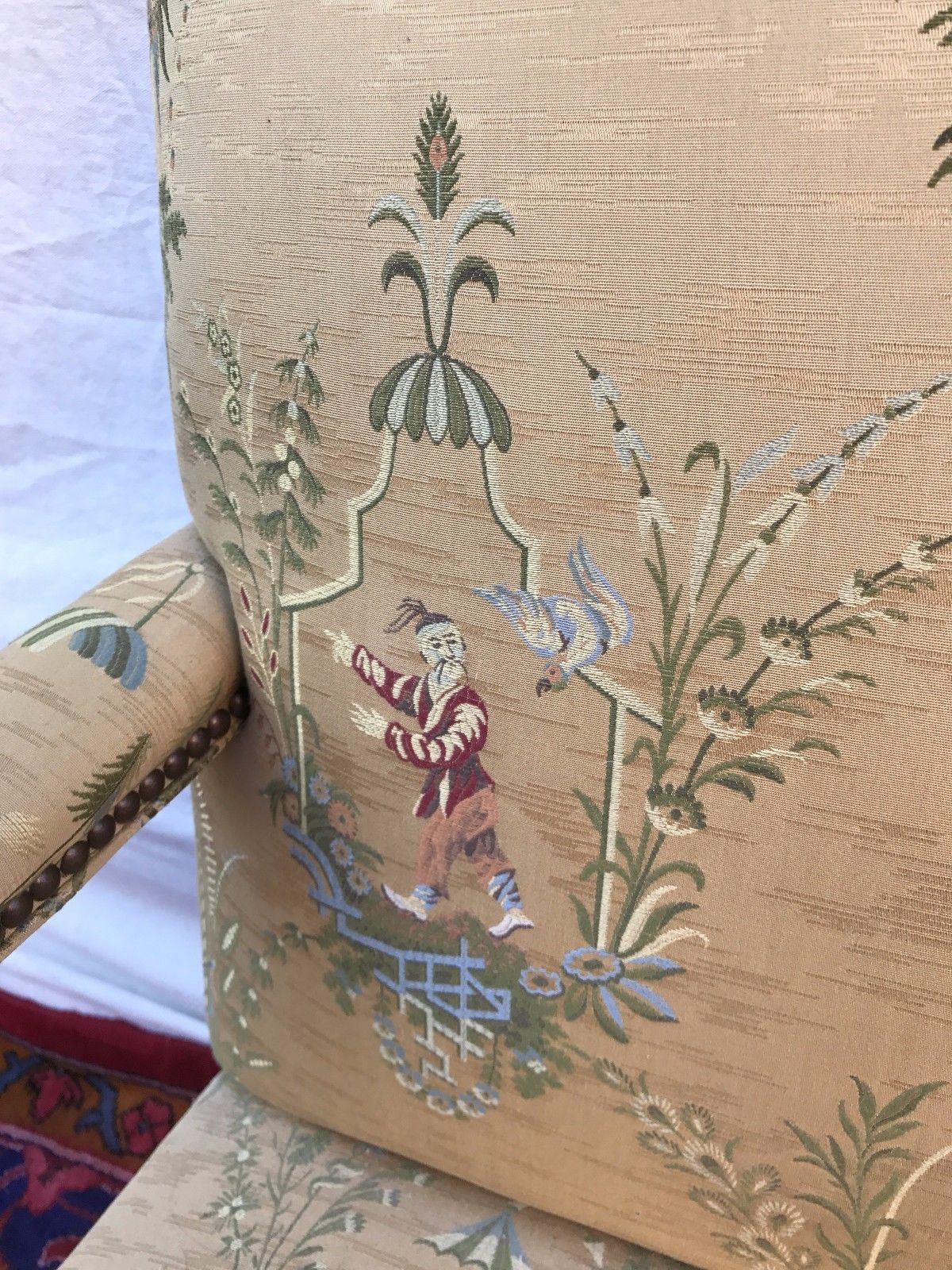 FABULOUS ANTIQUE CHINESE CHIPPENDALE LIBRARY LOLLING CHAIR-MINT GOLD SILK FABRIC