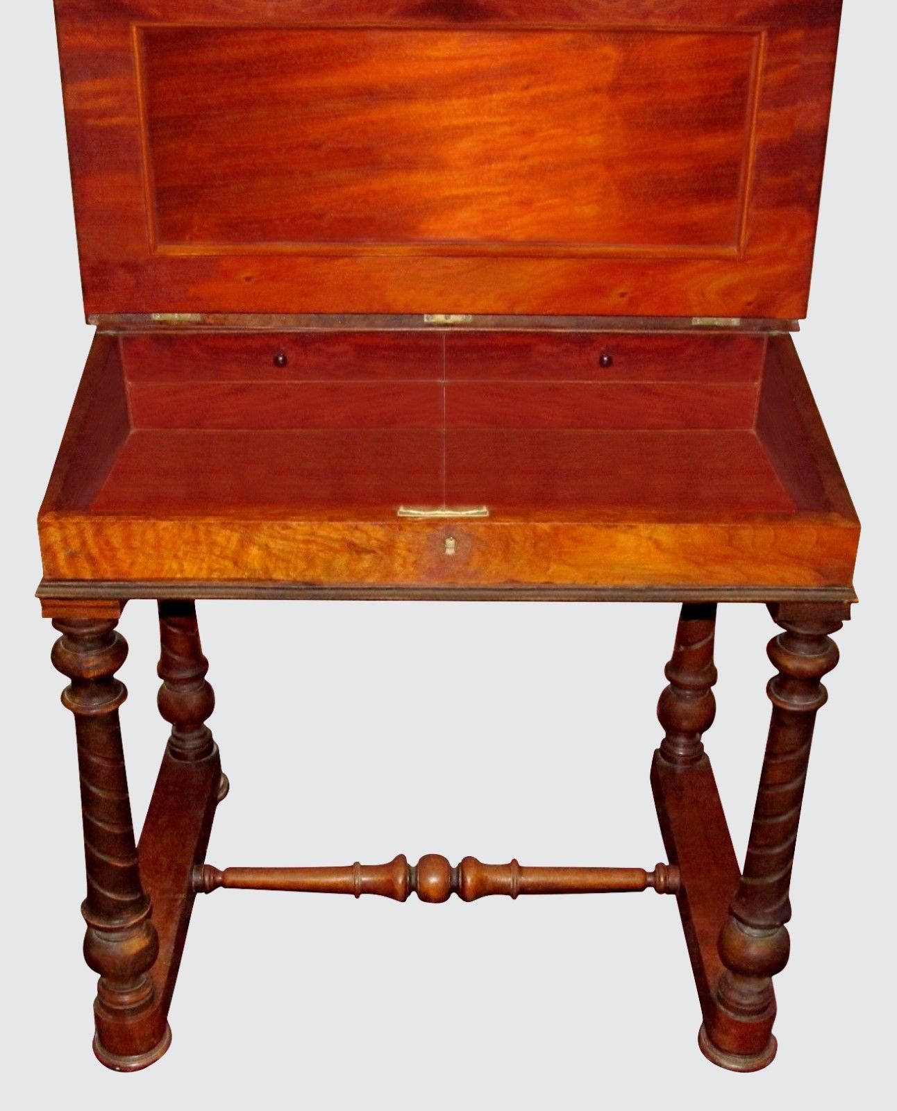 VICTORIAN BURLED WALNUT LADIES DESK W/ SHORT SECRETARY & PIERCED GALLERY