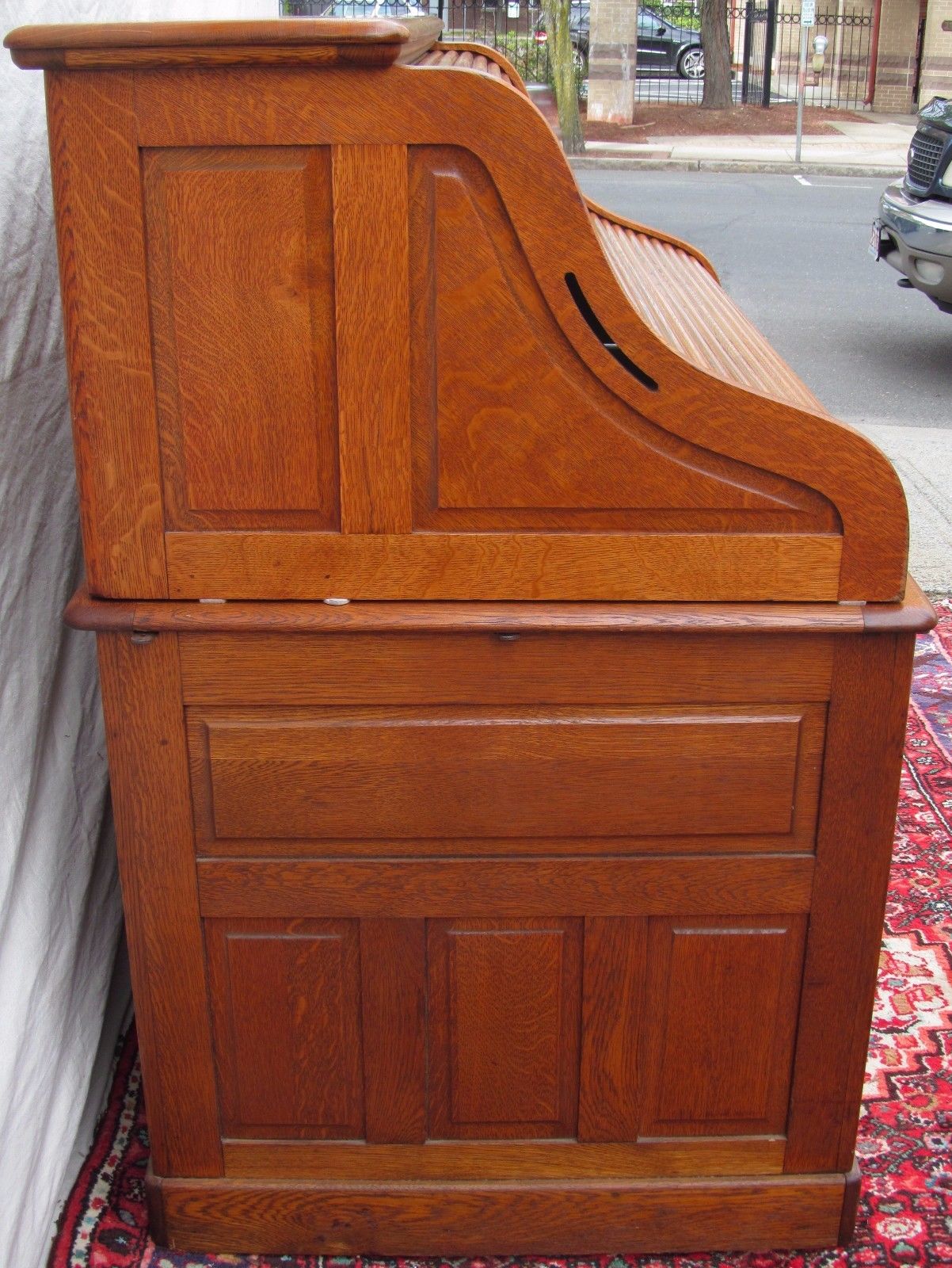 EXCELLENT VICTORIAN SOLID TIGER RAISED PANELED OAK S ROLL TOP DESK-TOP QUALITY!